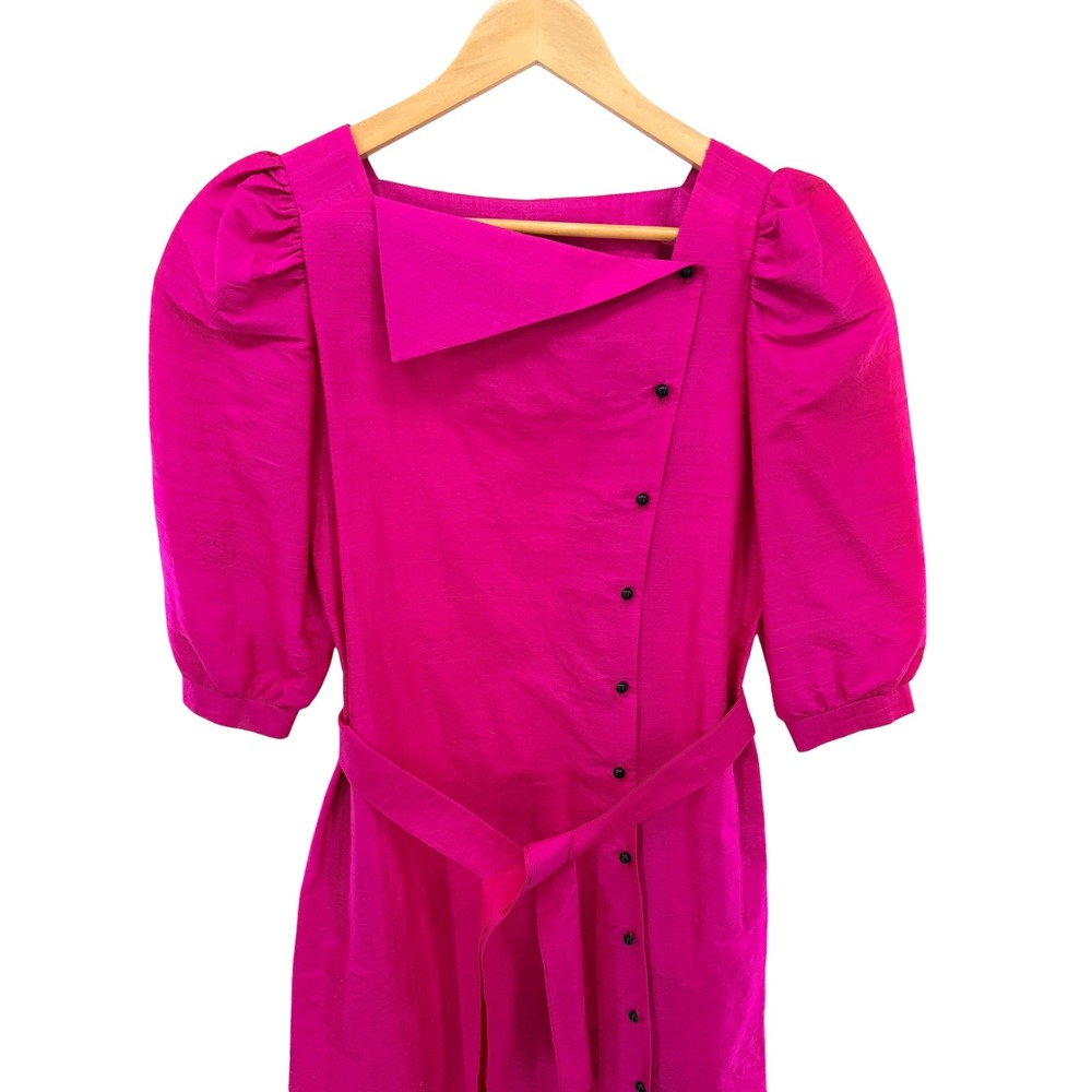 Vtg Abrizzi 100% Pure Silk Dress Pink‎ Asymmetrical Neck Puff Sleeve Belted 6